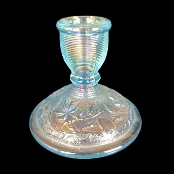 Imperial Glass Candlestick Holder Small Blue Iridescent Carnival Glass Lenox - Picture 1 of 8